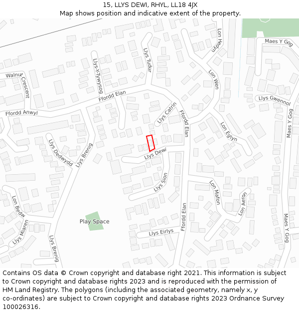 15, LLYS DEWI, RHYL, LL18 4JX: Location map and indicative extent of plot