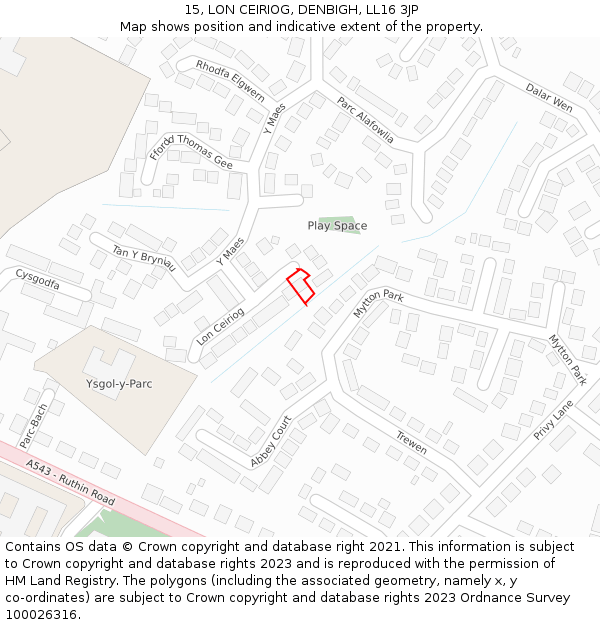 15, LON CEIRIOG, DENBIGH, LL16 3JP: Location map and indicative extent of plot