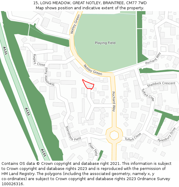 15, LONG MEADOW, GREAT NOTLEY, BRAINTREE, CM77 7WD: Location map and indicative extent of plot