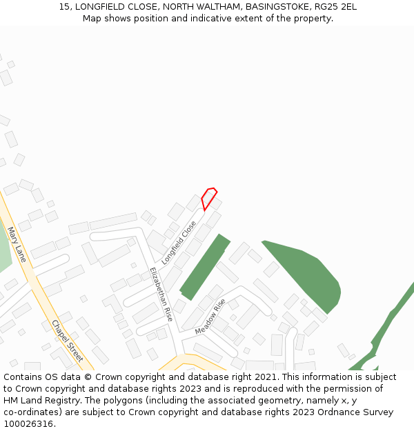 15, LONGFIELD CLOSE, NORTH WALTHAM, BASINGSTOKE, RG25 2EL: Location map and indicative extent of plot
