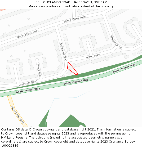 15, LONGLANDS ROAD, HALESOWEN, B62 0AZ: Location map and indicative extent of plot