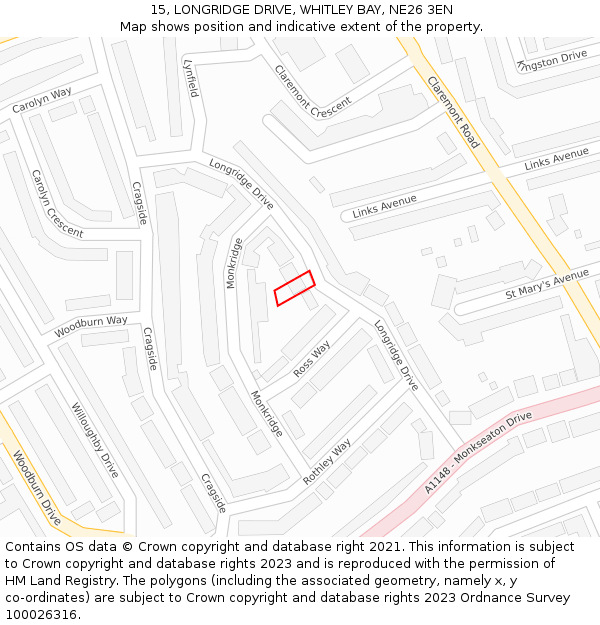 15, LONGRIDGE DRIVE, WHITLEY BAY, NE26 3EN: Location map and indicative extent of plot