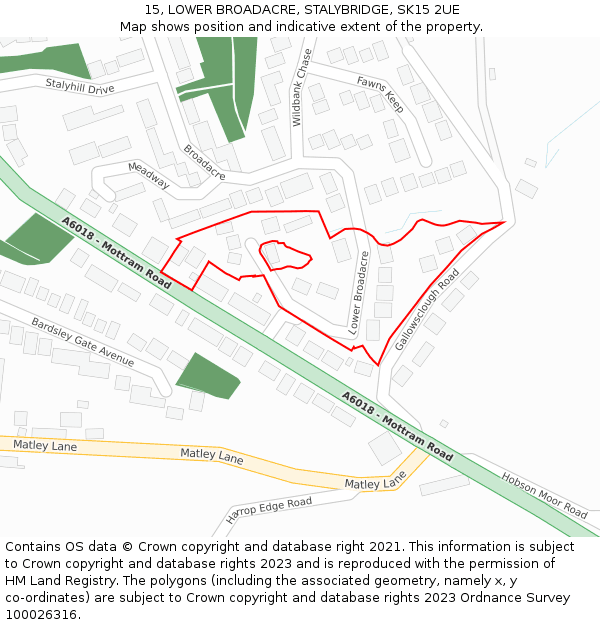 15, LOWER BROADACRE, STALYBRIDGE, SK15 2UE: Location map and indicative extent of plot