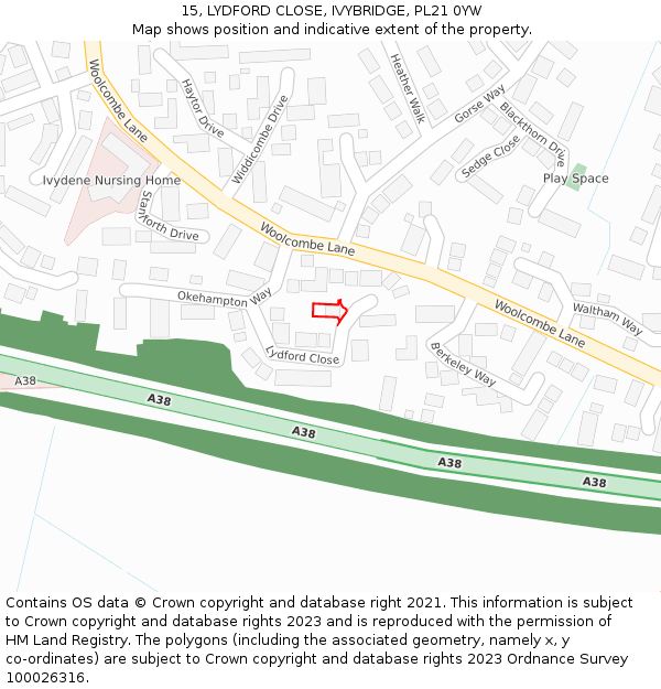 15, LYDFORD CLOSE, IVYBRIDGE, PL21 0YW: Location map and indicative extent of plot