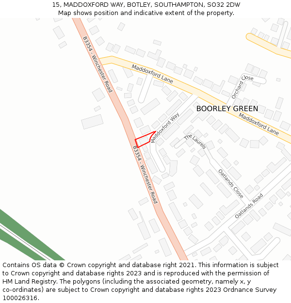 15, MADDOXFORD WAY, BOTLEY, SOUTHAMPTON, SO32 2DW: Location map and indicative extent of plot