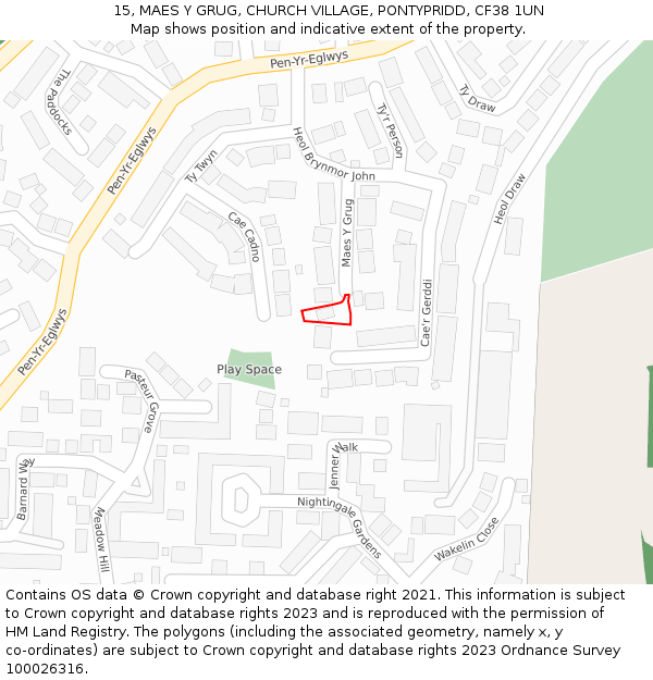 15, MAES Y GRUG, CHURCH VILLAGE, PONTYPRIDD, CF38 1UN: Location map and indicative extent of plot