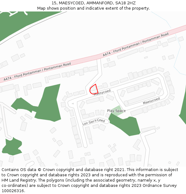 15, MAESYCOED, AMMANFORD, SA18 2HZ: Location map and indicative extent of plot