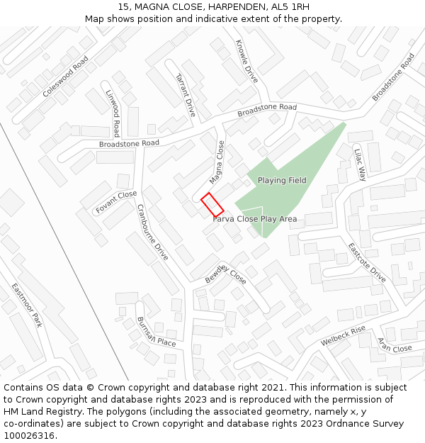 15, MAGNA CLOSE, HARPENDEN, AL5 1RH: Location map and indicative extent of plot