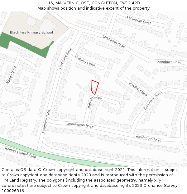 15, MALVERN CLOSE, CONGLETON, CW12 4PD: Location map and indicative extent of plot