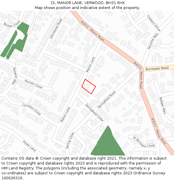 15, MANOR LANE, VERWOOD, BH31 6HX: Location map and indicative extent of plot