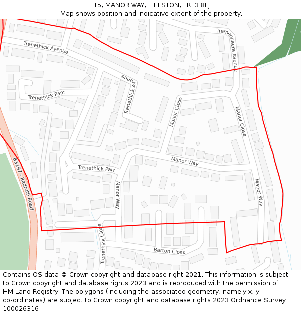 15, MANOR WAY, HELSTON, TR13 8LJ: Location map and indicative extent of plot