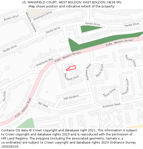 15, MANSFIELD COURT, WEST BOLDON, EAST BOLDON, NE36 0PL: Location map and indicative extent of plot