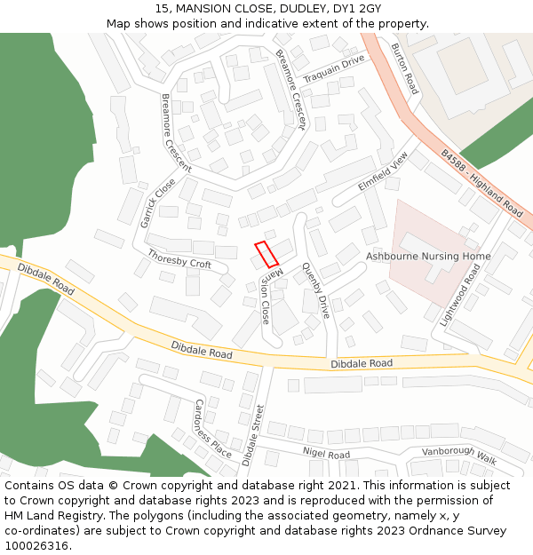 15, MANSION CLOSE, DUDLEY, DY1 2GY: Location map and indicative extent of plot