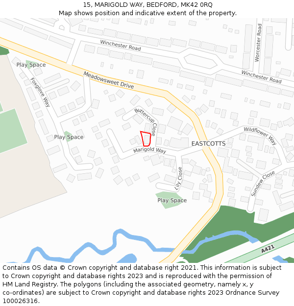 15, MARIGOLD WAY, BEDFORD, MK42 0RQ: Location map and indicative extent of plot