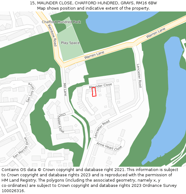 15, MAUNDER CLOSE, CHAFFORD HUNDRED, GRAYS, RM16 6BW: Location map and indicative extent of plot