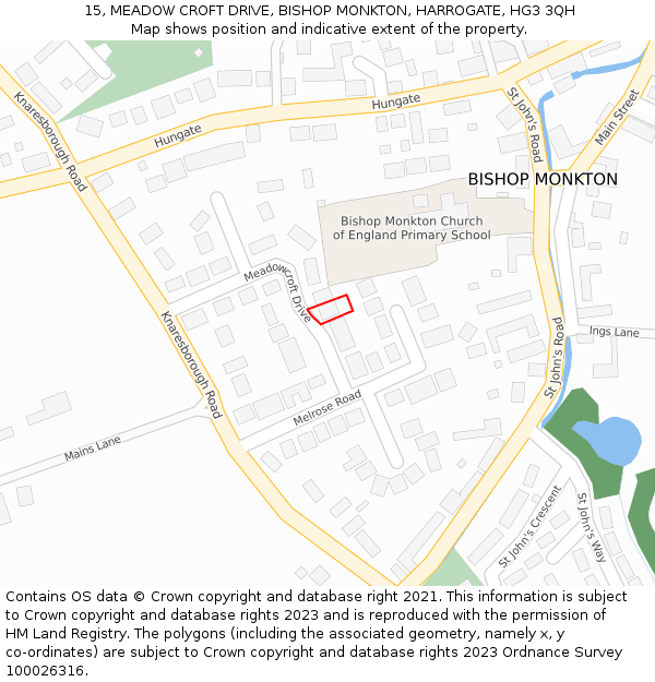 15, MEADOW CROFT DRIVE, BISHOP MONKTON, HARROGATE, HG3 3QH: Location map and indicative extent of plot