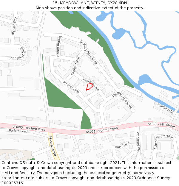 15, MEADOW LANE, WITNEY, OX28 6DN: Location map and indicative extent of plot