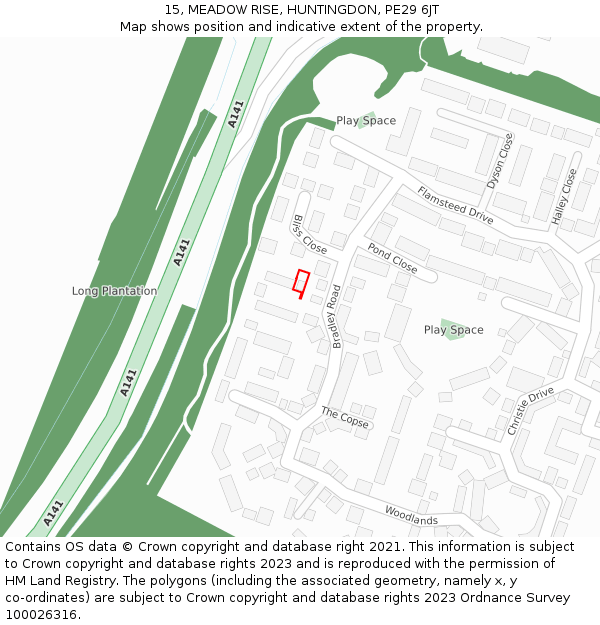 15, MEADOW RISE, HUNTINGDON, PE29 6JT: Location map and indicative extent of plot