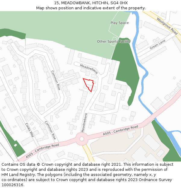 15, MEADOWBANK, HITCHIN, SG4 0HX: Location map and indicative extent of plot