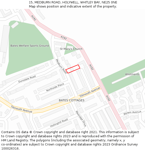 15, MEDBURN ROAD, HOLYWELL, WHITLEY BAY, NE25 0NE: Location map and indicative extent of plot