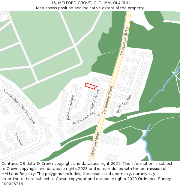 15, MELFORD GROVE, OLDHAM, OL4 3HH: Location map and indicative extent of plot