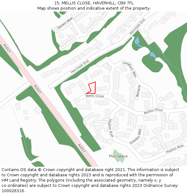 15, MELLIS CLOSE, HAVERHILL, CB9 7FL: Location map and indicative extent of plot