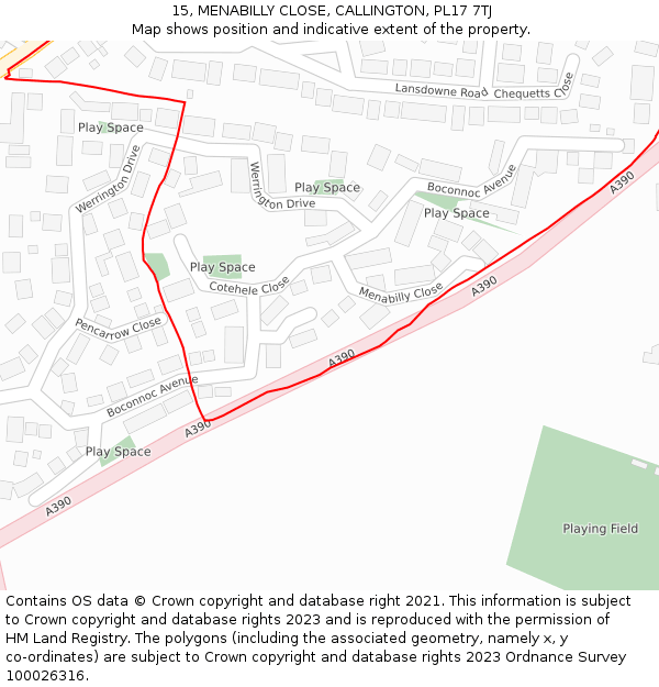 15, MENABILLY CLOSE, CALLINGTON, PL17 7TJ: Location map and indicative extent of plot