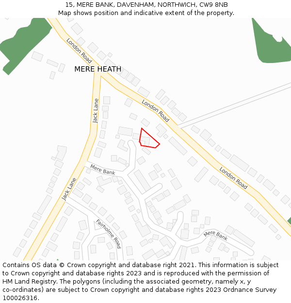 15, MERE BANK, DAVENHAM, NORTHWICH, CW9 8NB: Location map and indicative extent of plot