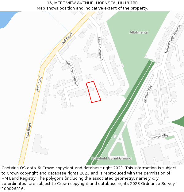15, MERE VIEW AVENUE, HORNSEA, HU18 1RR: Location map and indicative extent of plot
