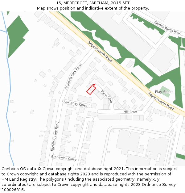 15, MERECROFT, FAREHAM, PO15 5ET: Location map and indicative extent of plot