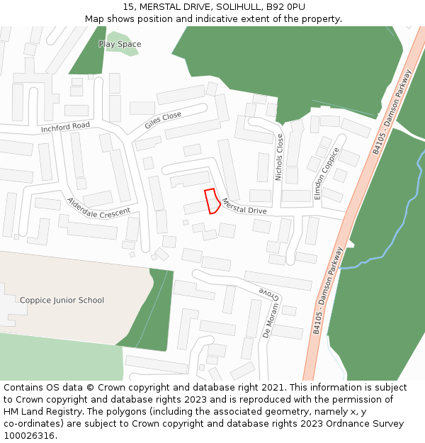 15, MERSTAL DRIVE, SOLIHULL, B92 0PU: Location map and indicative extent of plot