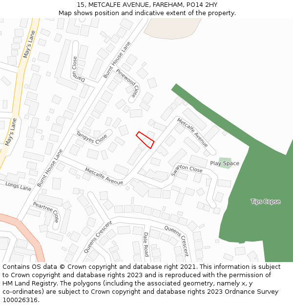 15, METCALFE AVENUE, FAREHAM, PO14 2HY: Location map and indicative extent of plot