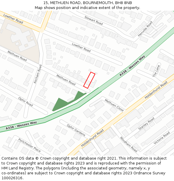 15, METHUEN ROAD, BOURNEMOUTH, BH8 8NB: Location map and indicative extent of plot