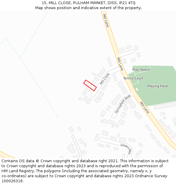 15, MILL CLOSE, PULHAM MARKET, DISS, IP21 4TQ: Location map and indicative extent of plot