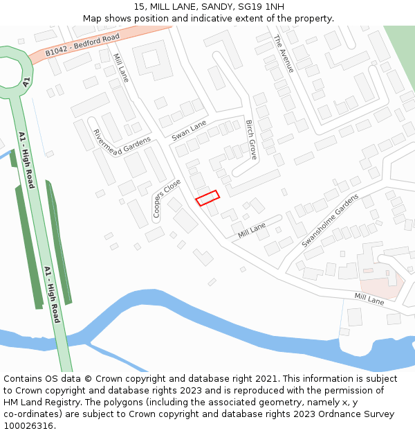 15, MILL LANE, SANDY, SG19 1NH: Location map and indicative extent of plot