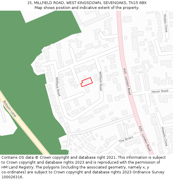 15, MILLFIELD ROAD, WEST KINGSDOWN, SEVENOAKS, TN15 6BX: Location map and indicative extent of plot