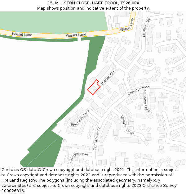 15, MILLSTON CLOSE, HARTLEPOOL, TS26 0PX: Location map and indicative extent of plot