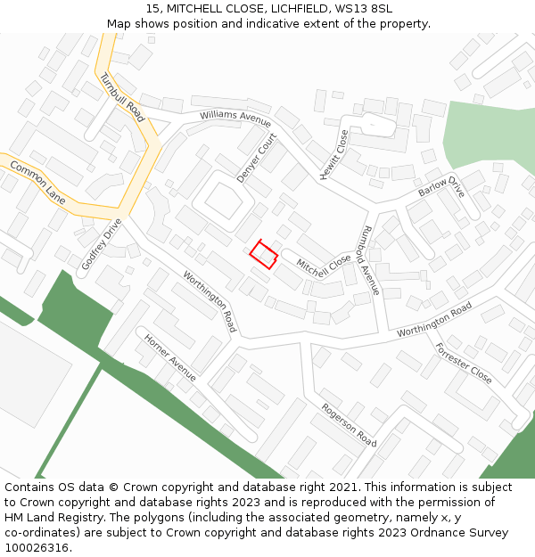 15, MITCHELL CLOSE, LICHFIELD, WS13 8SL: Location map and indicative extent of plot