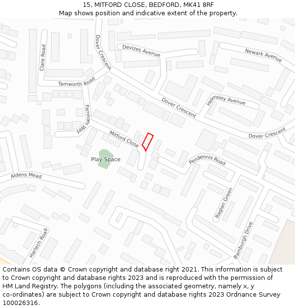 15, MITFORD CLOSE, BEDFORD, MK41 8RF: Location map and indicative extent of plot