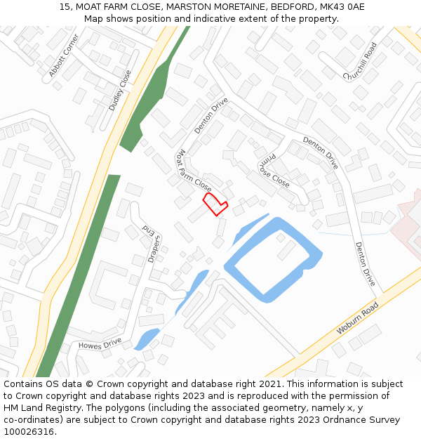 15, MOAT FARM CLOSE, MARSTON MORETAINE, BEDFORD, MK43 0AE: Location map and indicative extent of plot