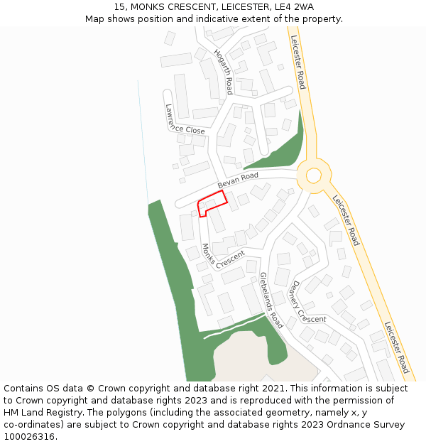 15, MONKS CRESCENT, LEICESTER, LE4 2WA: Location map and indicative extent of plot