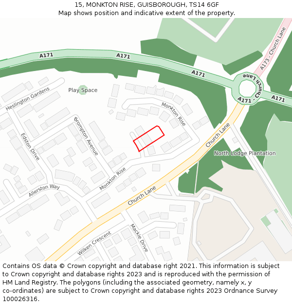 15, MONKTON RISE, GUISBOROUGH, TS14 6GF: Location map and indicative extent of plot