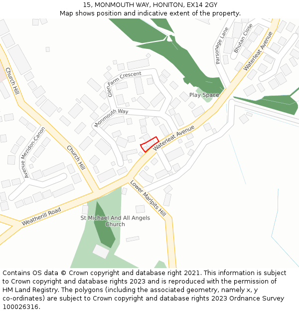 15, MONMOUTH WAY, HONITON, EX14 2GY: Location map and indicative extent of plot