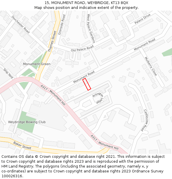 15, MONUMENT ROAD, WEYBRIDGE, KT13 8QX: Location map and indicative extent of plot