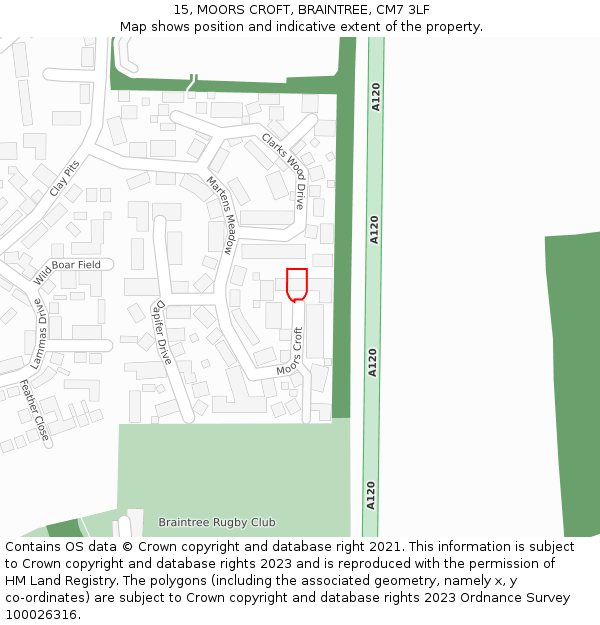 15, MOORS CROFT, BRAINTREE, CM7 3LF: Location map and indicative extent of plot
