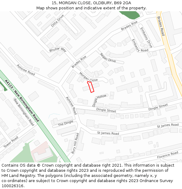 15, MORGAN CLOSE, OLDBURY, B69 2GA: Location map and indicative extent of plot