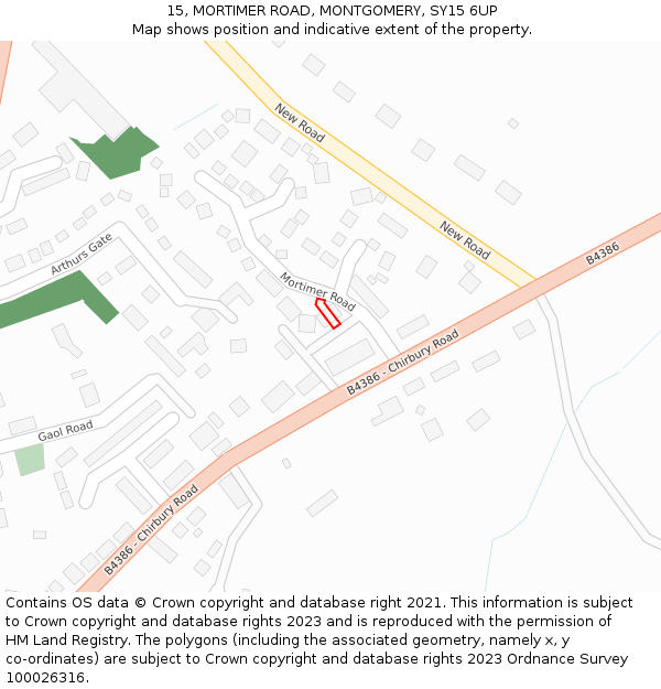 15, MORTIMER ROAD, MONTGOMERY, SY15 6UP: Location map and indicative extent of plot