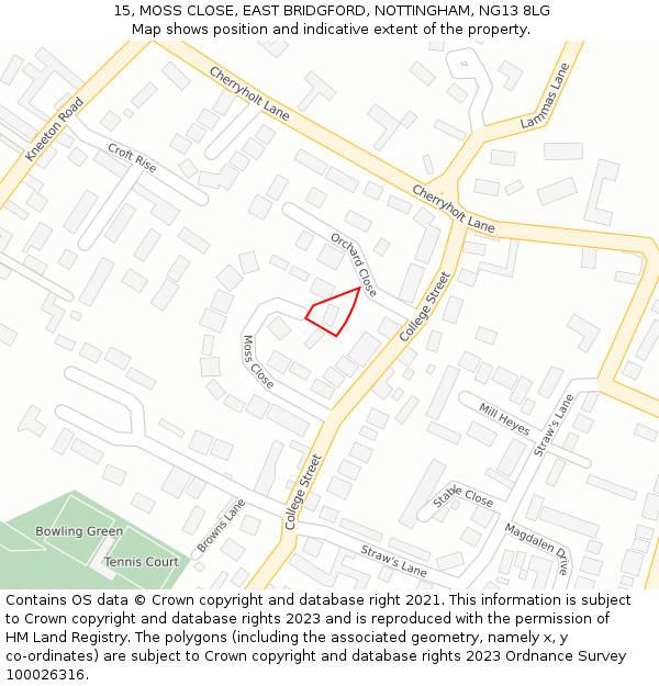 15, MOSS CLOSE, EAST BRIDGFORD, NOTTINGHAM, NG13 8LG: Location map and indicative extent of plot