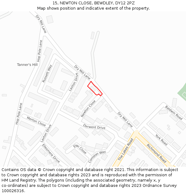 15, NEWTON CLOSE, BEWDLEY, DY12 2PZ: Location map and indicative extent of plot