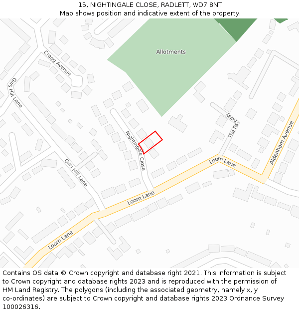 15, NIGHTINGALE CLOSE, RADLETT, WD7 8NT: Location map and indicative extent of plot